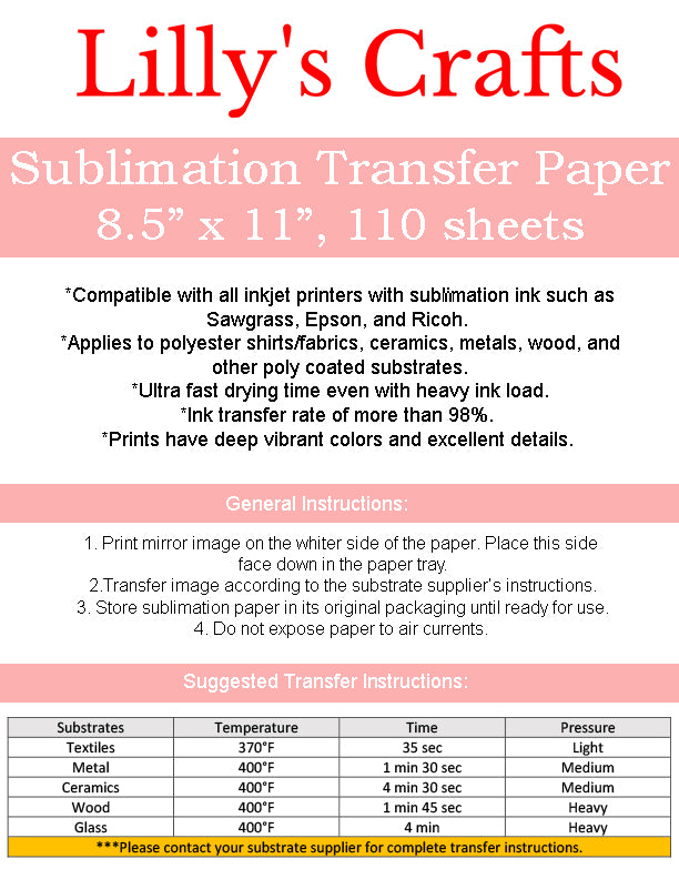 Sublimation Transfer Paper for Polyester, 8.5 x 11, 110 sheets